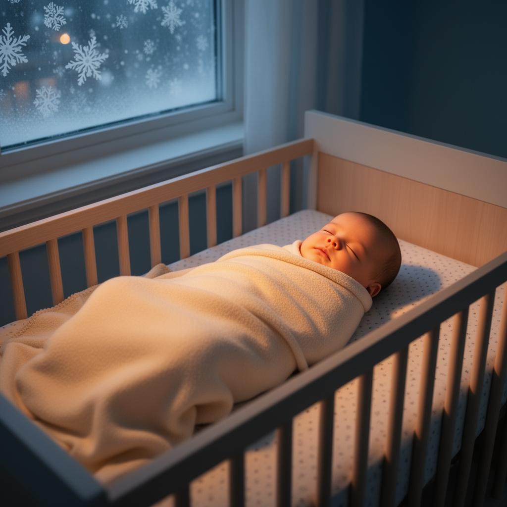 Bébé endormi paisiblement dans un lit à barreaux sécuritaire, chambre québécoise avec fenêtre enneigée — sommeil sécuritaire nourrisson