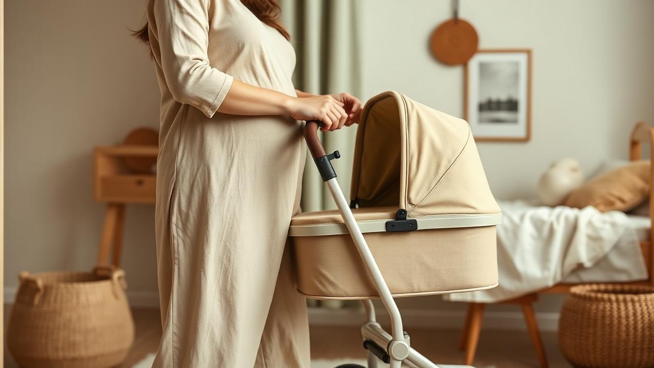 Future maman en robe de lin beige avec poussette compacte écoresponsable dans une chambre de bébé minimaliste — tendances bébé et maternité 2026